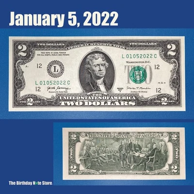 January 5, 2022 Birthday Anniversary $2 Two Dollar Bill Serial Number 01052022 - Image 1 of 2