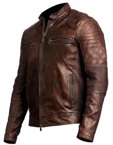 Men's Biker Vintage Motorcycle Distressed Brown Cafe Racer Leather Jacket - Picture 1 of 6