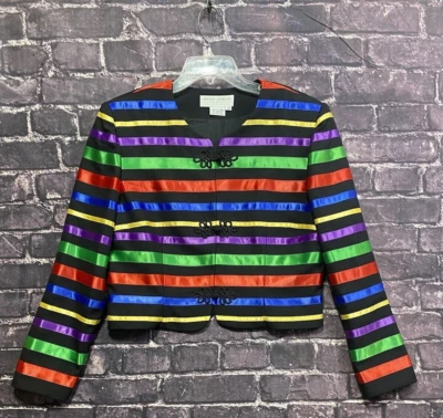 Chaqueta Maggy London Mujer 14 Negra Verde Púrpura Arco Iris Rayas Recortada Formal Foto 1 de 4
