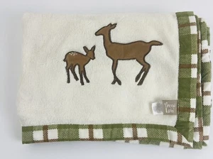Trend Lab Baby Blanket White Green Brown Plaid Corduroy Doe Deer Fawn Mom & Baby - Picture 1 of 7