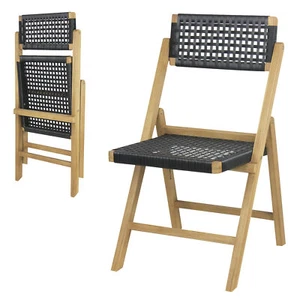2PCS Folding Chairs w/ Woven Rope Seat & High Back Indonesia Teak Patio - Picture 1 of 6