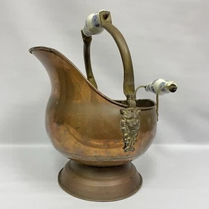 Vintage Kupfer Messing Kohle Schaufel Eimer Löwenkopf Porzellan blau weiße Griffe - Bild 1 von 13