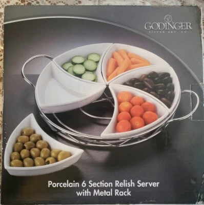 Godinger Porcelain 6 Section Server With Metal Rack New In Box - Image 1 of 4