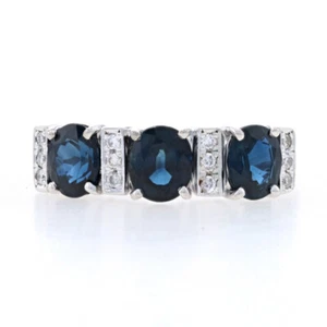 White Gold Sapphire & Diamond Band - 18k Oval 2.76ctw Three-Stone Ring - Picture 1 of 9