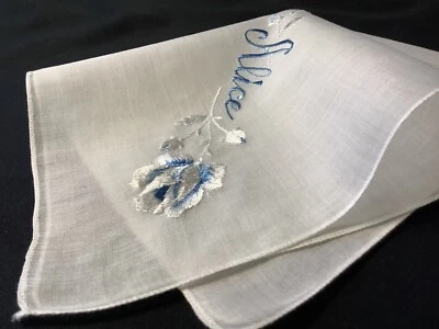 #7386🌟Vintage 40s BLUE SATIN Embroidery NAME “ALICE” Handkerchief - Image 1 of 4