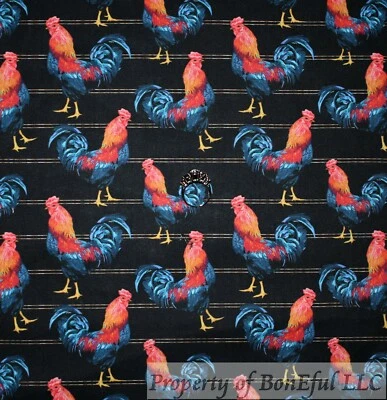 BonEful Fabric FQ Cotton Quilt Black Red Rooster Blue Feather Chicken Coop House - Image 1 of 4