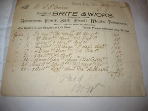 Antique 1898 Brite & Wicks Peirce City Missouri Grocery Receipt Ephemera Paper - Picture 1 of 3