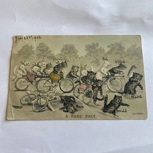 Louis Wain - Gatos en bicicletas - Una postal de carrera en carretera - en relieve - como se encuentra - Imagen 1 de 10