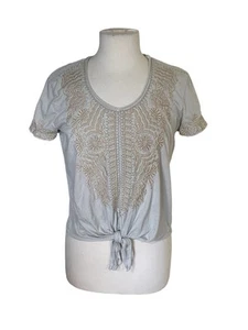 Johnny Was-Womens Small Gray Top Tunic Short Sleeve Shirt Gold Foiled Embroidery - Picture 1 of 12