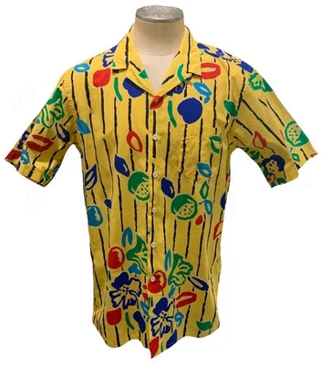 Camisa HE MAN SHOPS Vintage Años 80 Para Hombre Amarilla Estampado Nueva Ola Algodón SS - Talla XLT Foto 1 de 4