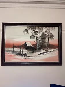 Vintage Original Oil Painting Framed Unsigned Bush House Trees Sunset Landscape - Picture 1 of 14