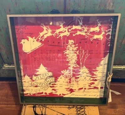 Michel Design Works Square Tray Merry Christmas Santa Sleigh Reindeer Red Green - Image 1 of 4