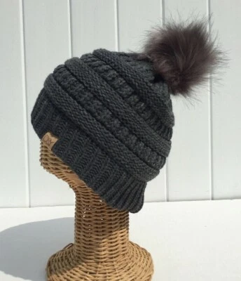 Nuevo gorro elástico gris oscuro #G para niños invierno cálido tejido forrado piel sintética pompón Foto 1 de 4