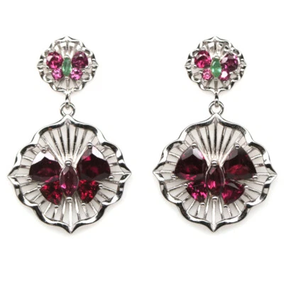 925 Sterlingsilber 6 x 6 Mm. Violett Pink Rhodolith & Grün Smaragd Ohrringe - Bild 1 von 4