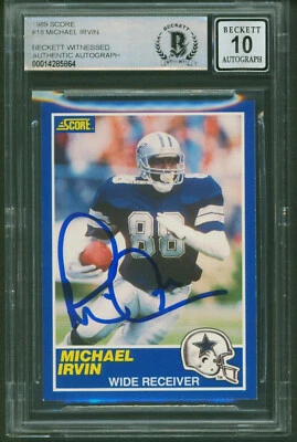 Tarjeta Cowboys Michael Irvin Auténtica Firmada 1989 Puntuación #18 ¡Auto 10! Losa BAS Foto 1 de 2