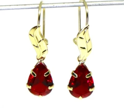 Gorgeous 14K Solid Yellow Gold Lab-Created Garnet Kidney Wire Earrings - Image 1 of 4