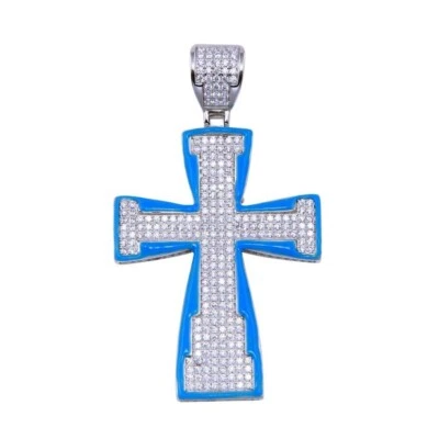 Argento Sterling Smalto Blu Croce Hip Hop Ciondolo W/Micro Pavé Zirconi Pietre - Immagine 1 di 4