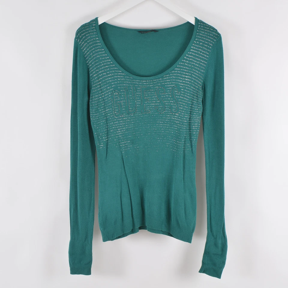 Blusa Top Guess Para Mujer Pequeña Cuello Redondo Elastizada Tejida Manga Larga Detalle Plateado Foto 1 de 4