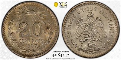 1907 Mexico 20 Centavos Silver Coin Uncirculated PCGS MS64 - Image 1 of 3
