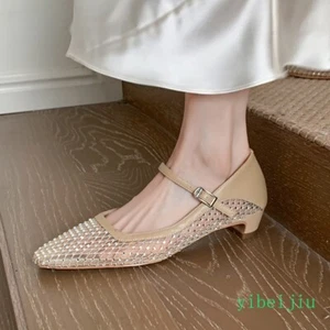 Womens Low Heel Mesh Fishnet Dress Casual Leather Shoes Rhinestones Comfort Pump - Picture 1 of 15