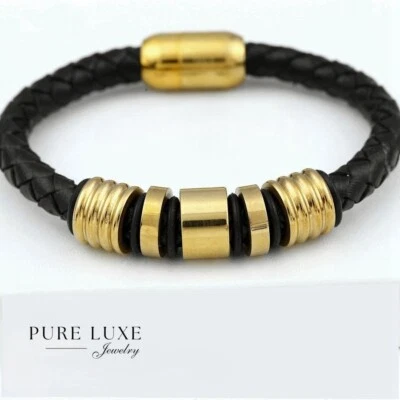 Men's,S-Steel 8" Black Braided.Leather Magnetic-Bracelet*Gold plated*BOX - Image 1 of 3