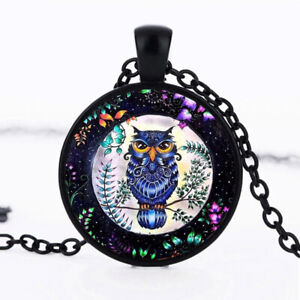 Simple Design Punk Style Owl Flower Cabochon Black Glass Chain Pendant Necklace