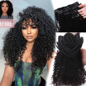 Afro Kinky Curly Clip In Virgin Human Hair Extension Double Weft 3B 3C Full Head - Picture 1 of 16