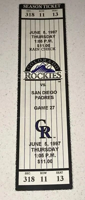 San Diego Padres Rockies Coor Field MLB Ticket Stub Walker Finley HR 6/5/1997 - Image 1 of 2
