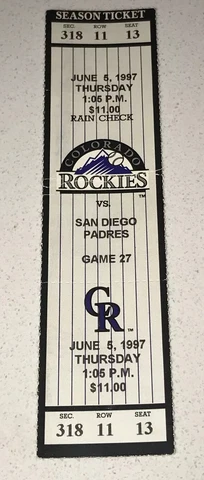 6/5/97 San Diego Padres Colorado Rockies Coor Field Ticket Stub Walker Finley HR Cover
