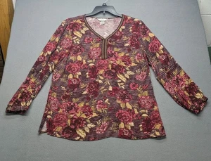 CJ Banks Popover Blouse Plus Size 1X Dark Red Floral V-neck  - Picture 1 of 5