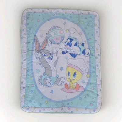 Vintage Baby Looney Tunes Crib Quilt Bugs Bunny Tweety Stars 90s Y2K Pastel Aqua - Image 1 of 4
