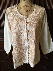 Vintage Cotton Embroidered Button Front Long Sleeve Top Size Medium - Picture 1 of 10