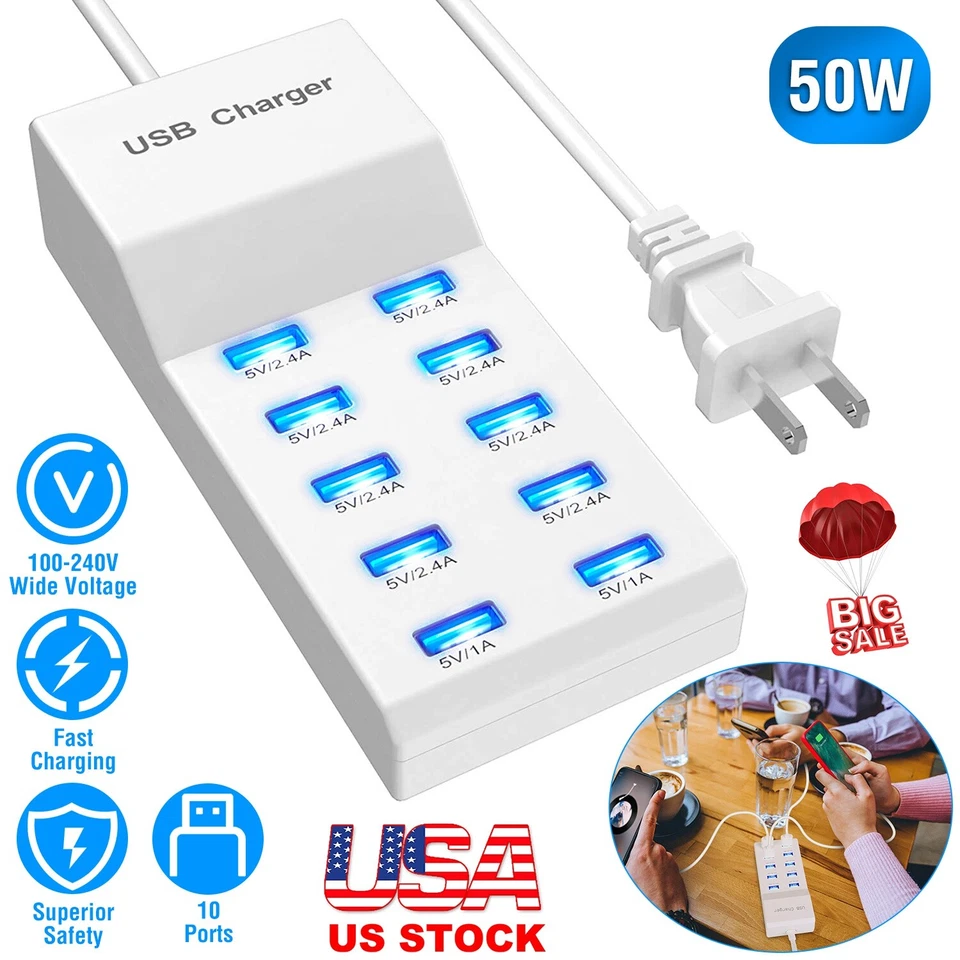 10 Port USB Charging Station Hub Power Adapter 50W Fast Charger for Phone Tablet - Image 1 of 4