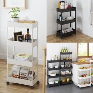 Plastic Trolley Basket Rack Kitchen Corner Bookshelf Shelving Unit Wheel - Picture 1 of 21