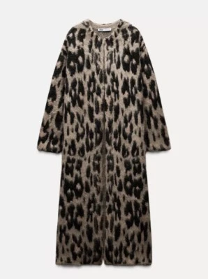 Zara Animal Jacquard Knit Long Coat Leopard Brown Black Size S 2142/183 New - Image 1 of 4