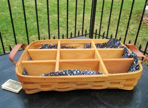 PETERBORO Basket Co New Hampshire Large BUFFET Divided Wood Crate Calico Liner Cover
