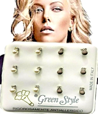 Set Orecchini di perla con zirconi swarovski piccoli da donna piercing lobo - Immagine 1 di 3