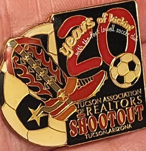 Lowell Soccer Club Lapel Pin Badge Tucson AZ Shootout Cowboy Boot 20 Yrs Realtor - Picture 1 of 7