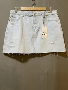 NWT ZARA Women Zip Front Distressed Raw Hem Cotton Denim Mini Skirt Size L Blue - Picture 1 of 11