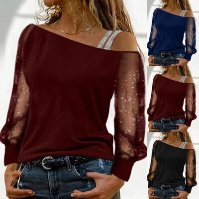 Womens Cold Shoulder Mesh Tops Ladies Long Sleeve Casual Loose Party Blouse Tee - Image 1 of 4