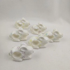 Ceramic Bunny Rabbit Napkin Ring Holders White with Flowers Set of 6 - Picture 1 of 7