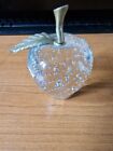 Vintage Clear Apple Paperweight Metal Stem Leaf Art Glass Controlled Bubbles 3"