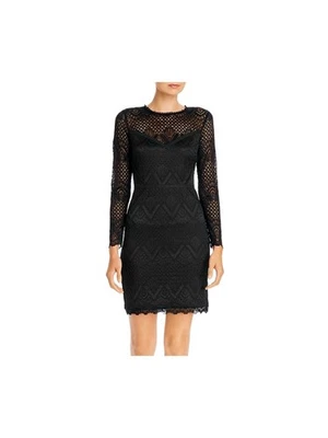 AQUA Feminino Preto Renda Manga Longa Decote Joia Mini Vestido de Festa Body Con XS - Imagem 1 de 4