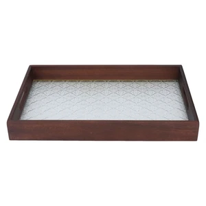 ~Serving Tray Walnut Wood Vintage Glass Cake Bread Breakfast Snack Plate Elegan - Picture 1 of 12