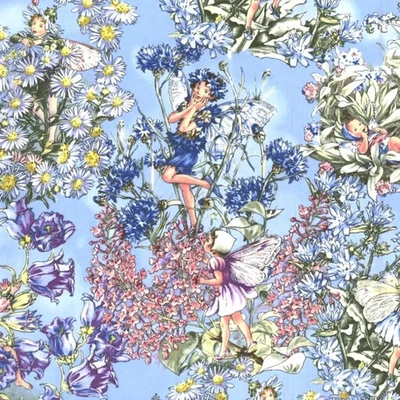 Flower Fairies Periwinkle Fairy on Blue Cicely Mary Barker Fabric FQ - 1/4 YD - Image 1 of 4