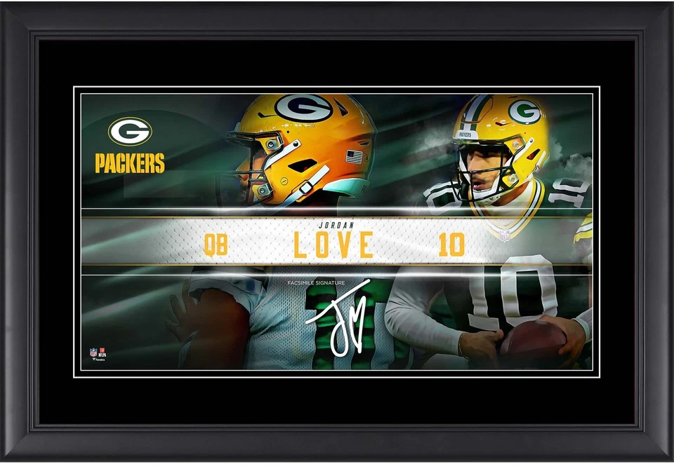 Collage de placa de identificación de jugador Jordan Love Green Bay Packers enmarcada de 10" x 18" Foto 1 de 1