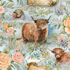 By The Yard ~ Cow Ranch Floral ~ $3.99 Ships ANY Amount Of Cotton Fabric - Picture 1 of 5