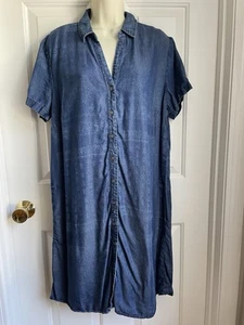J. Jill Dress sz L 100% Tencel Button Down Front Demin Blue Paisley Short Sleeve - Picture 1 of 7