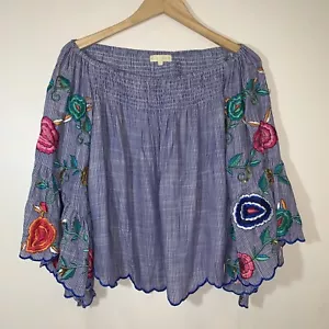 Ruby Yaya Shirt Womens XS Blue Stripe Embroidered Boho Top Flare 3/4 Sleeves - Picture 1 of 11