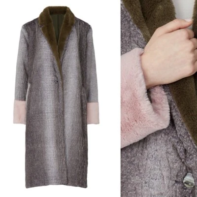 Anthropologie Hutch Grey Green Pink Long Faux Fur Trench Coat Jacket Size Large - Image 1 of 4